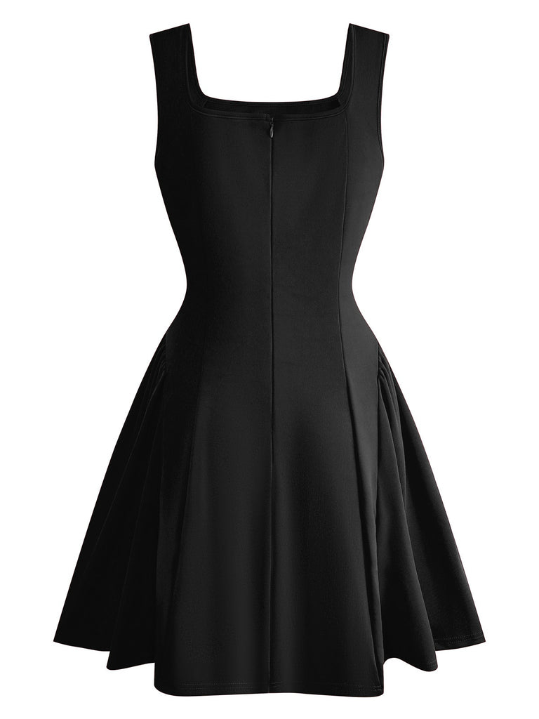 1950s Solid Square Neck Wide Strap Ruched Dress