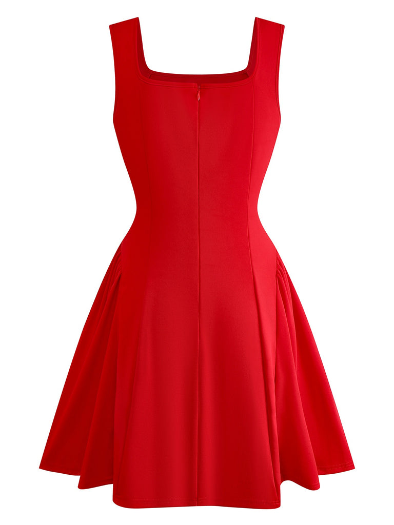 1950s Solid Square Neck Wide Strap Ruched Dress