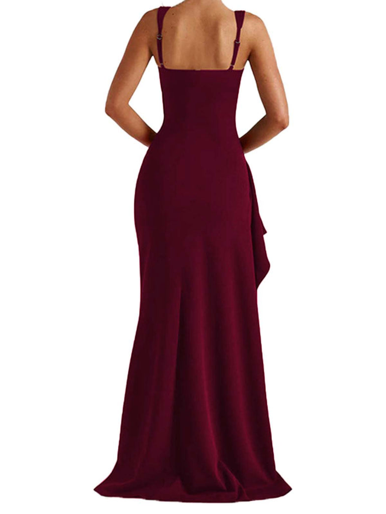 1930s Solid High-Split Square Neck Bodycon Dress
