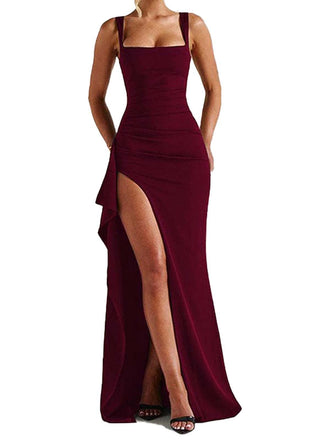 1930s Solid High-Split Square Neck Bodycon Dress