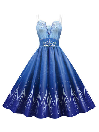 Blue 1950s Halloween Elsa Sequined Snowflake Spaghetti Strap Dress
