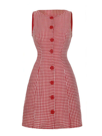 Red 1960s Gingham Plaid Button Sleeveless Dress