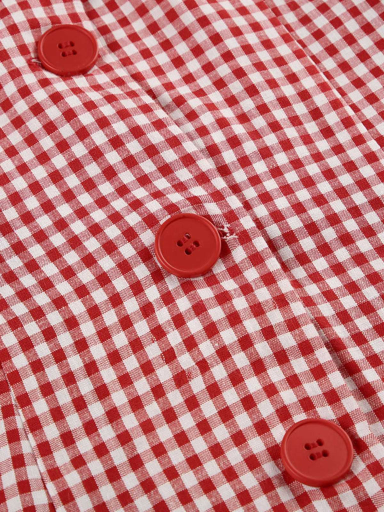 Red 1960s Gingham Plaid Button Sleeveless Dress