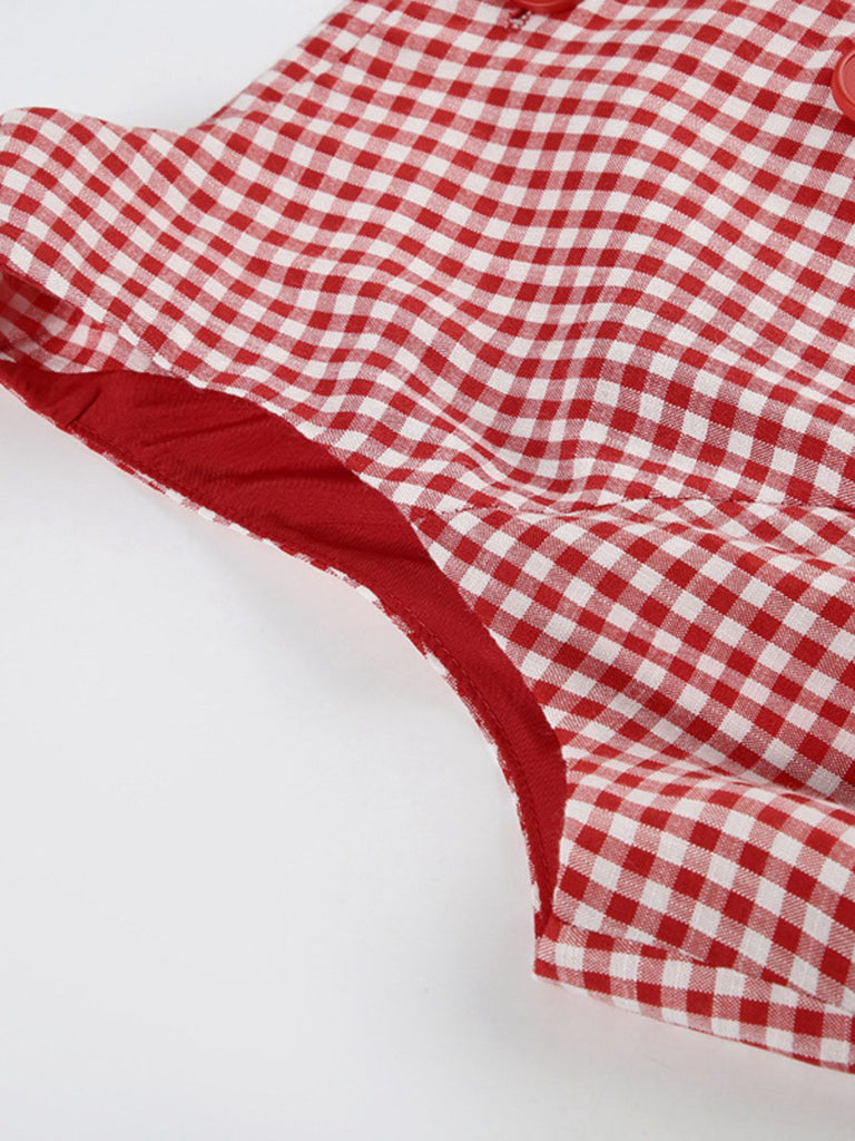 Red 1960s Gingham Plaid Button Sleeveless Dress
