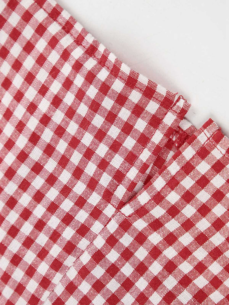 Red 1960s Gingham Plaid Button Sleeveless Dress