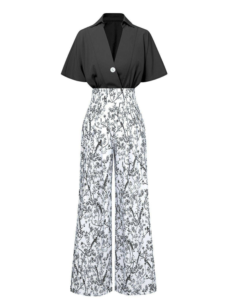 2PCS 1930s Dolman Sleeve Lapel Blouse & Floral Pants