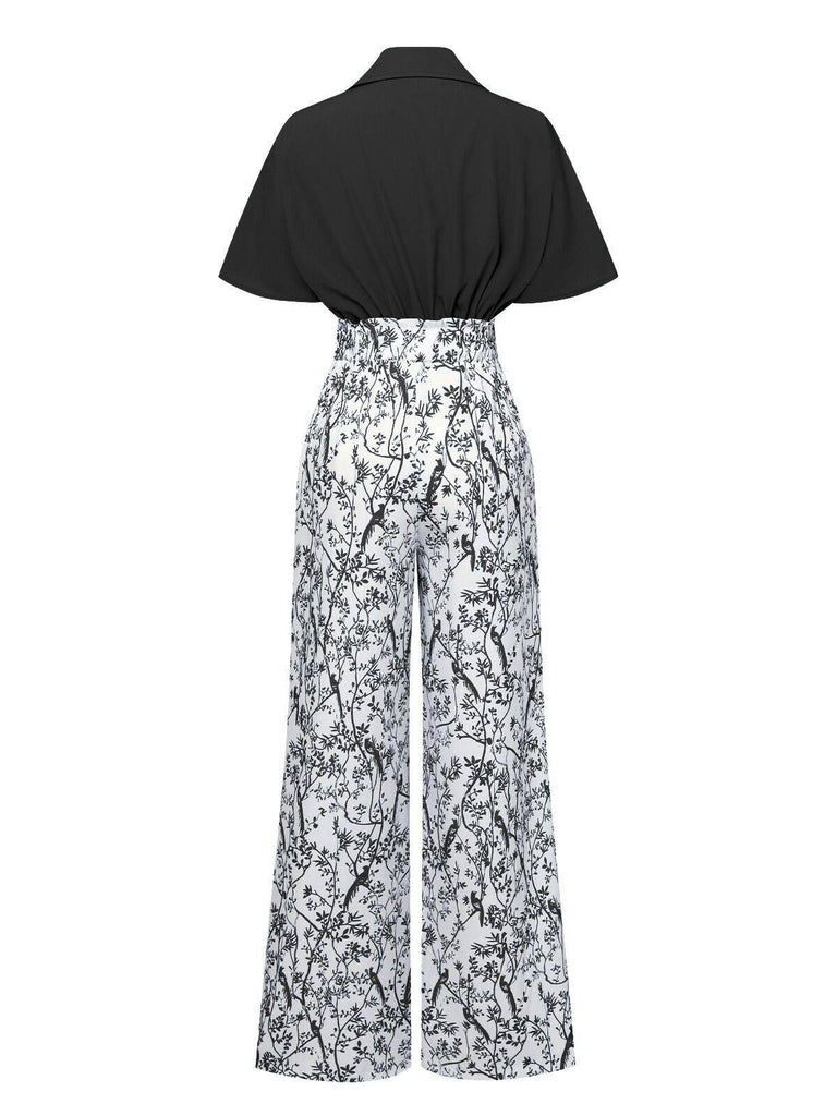 2PCS 1930s Dolman Sleeve Lapel Blouse & Floral Pants