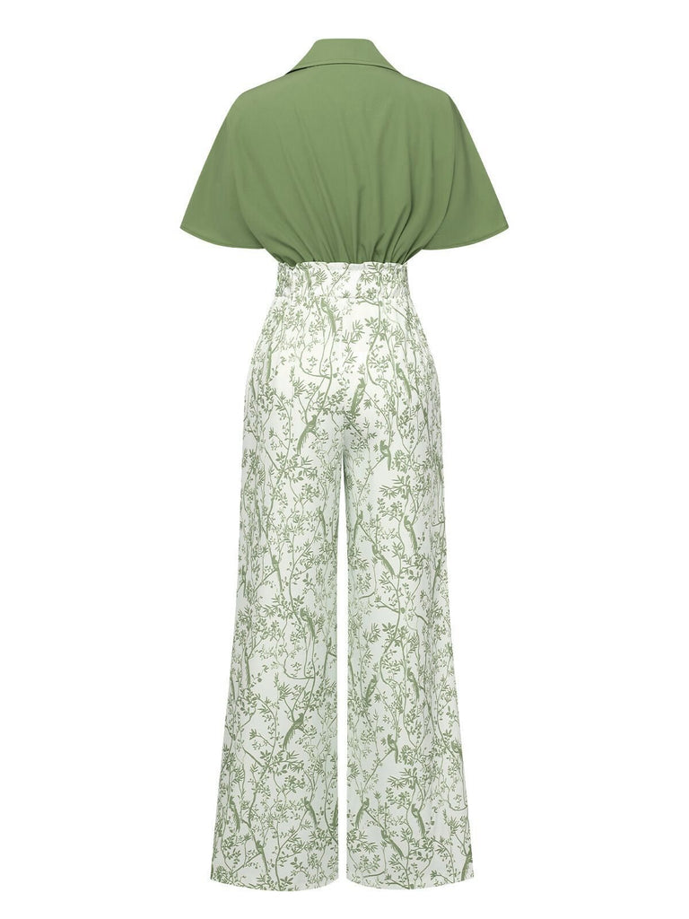2PCS 1930s Dolman Sleeve Lapel Blouse & Floral Pants