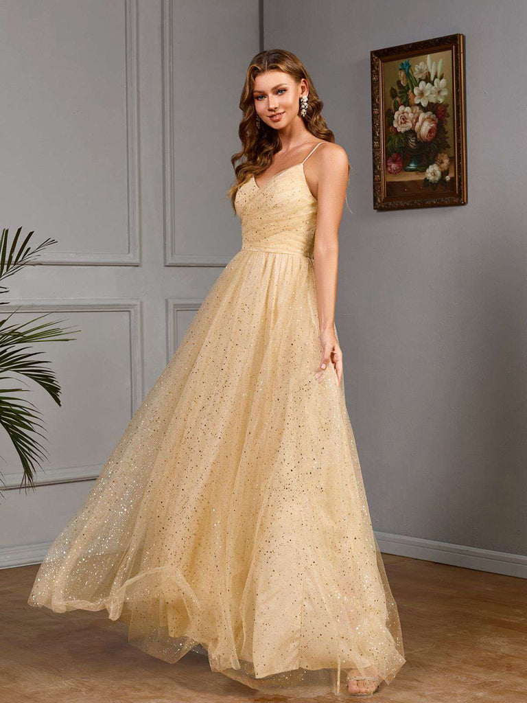 Gold 1930s Sequined V-Neck Mesh Spaghetti Strap Dress