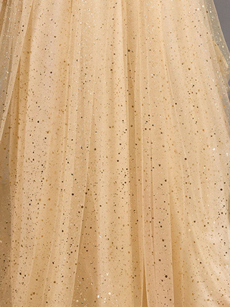 Gold 1930s Sequined V-Neck Mesh Spaghetti Strap Dress