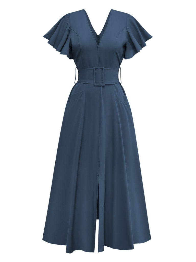 1940s Solid Flare Sleeve Deep V Belted Dress
