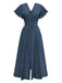 1940s Solid Flare Sleeve Deep V Belted Dress