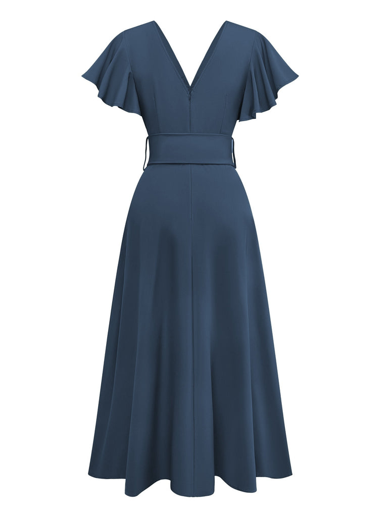 1940s Solid Flare Sleeve Deep V Belted Dress