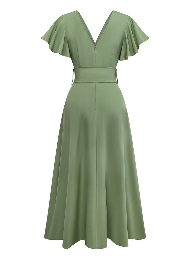 1940s Solid Flare Sleeve Deep V Belted Dress