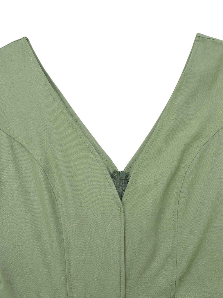 1940s Solid Flare Sleeve Deep V Belted Dress