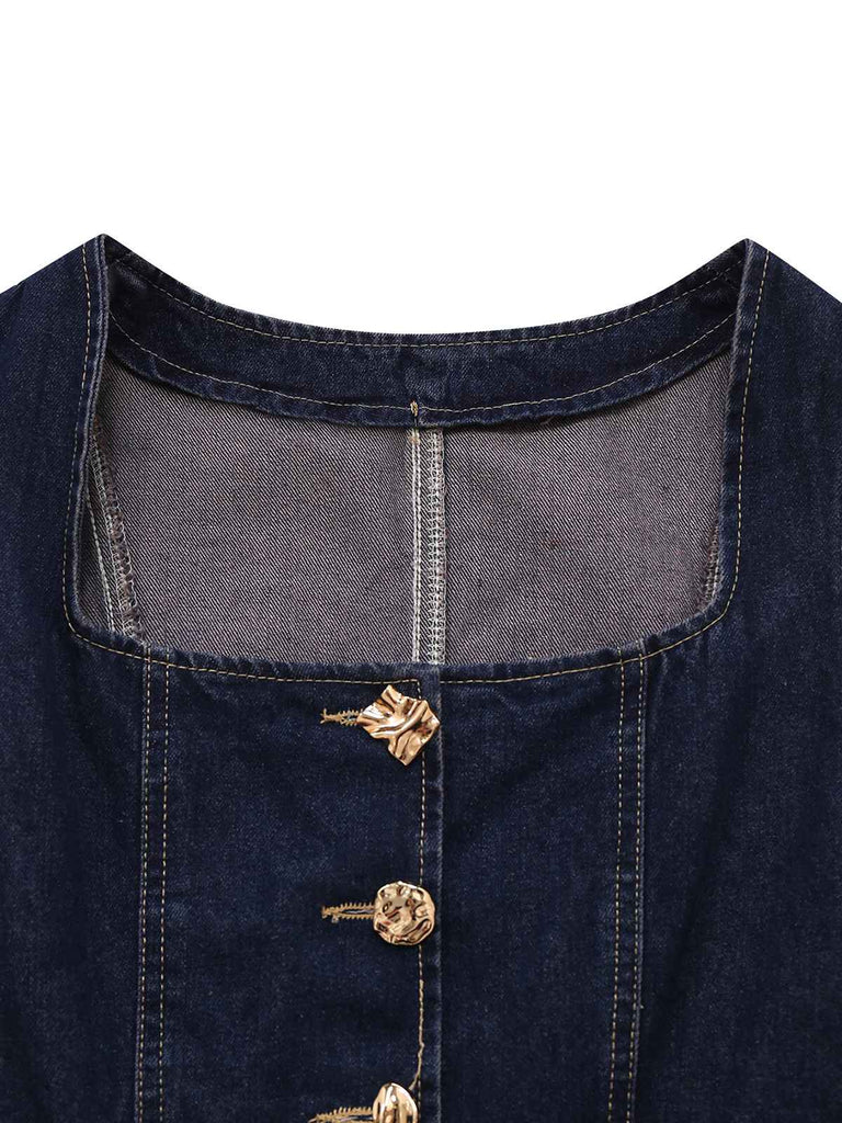 Blue 1950s Square Neck Buttoned Denim Vest