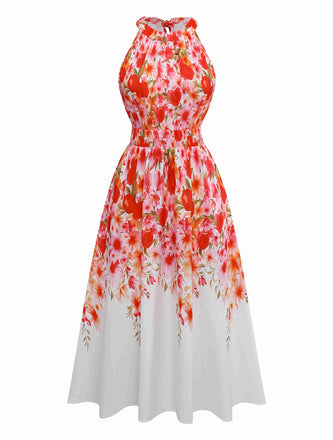 Red 1940s Floral Round Neck Halter Dress