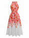 Red 1940s Floral Round Neck Halter Dress