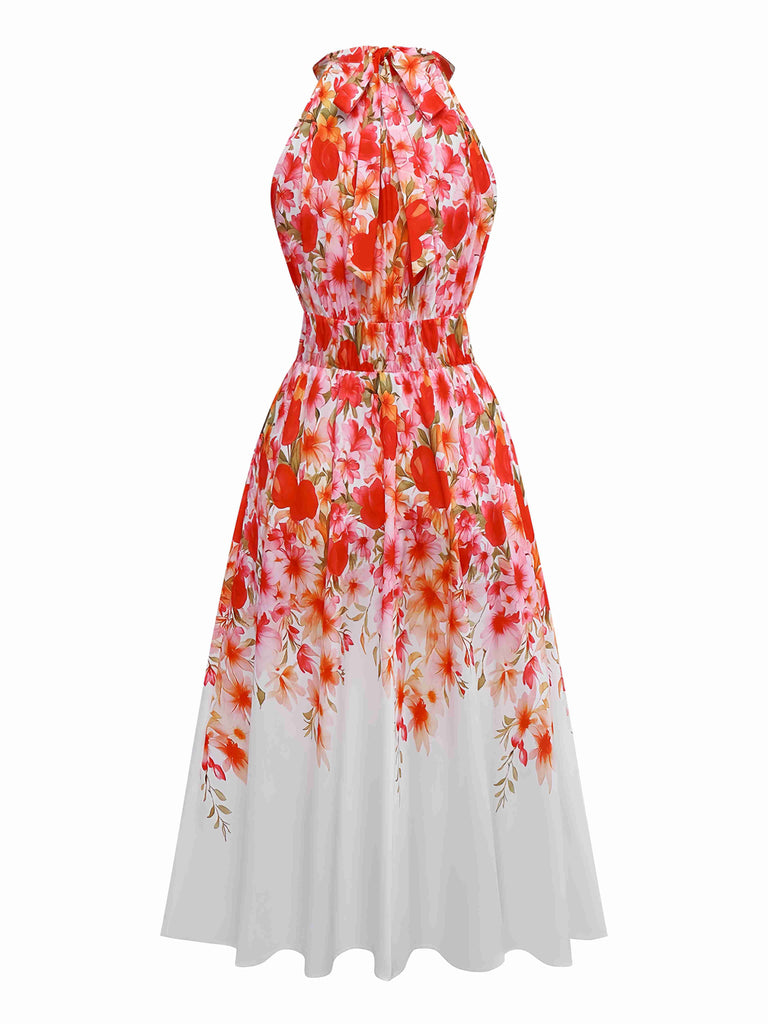 Red 1940s Floral Round Neck Halter Dress