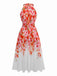 Red 1940s Floral Round Neck Halter Dress