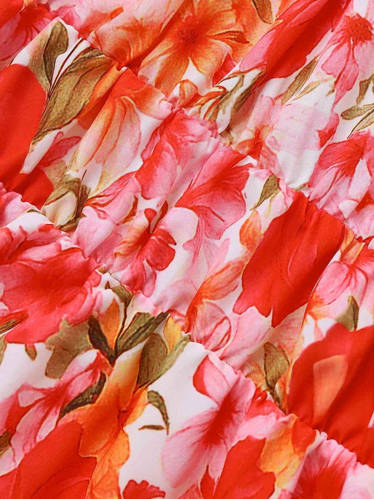 Red 1940s Floral Round Neck Halter Dress