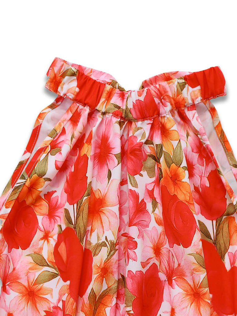 Red 1940s Floral Round Neck Halter Dress