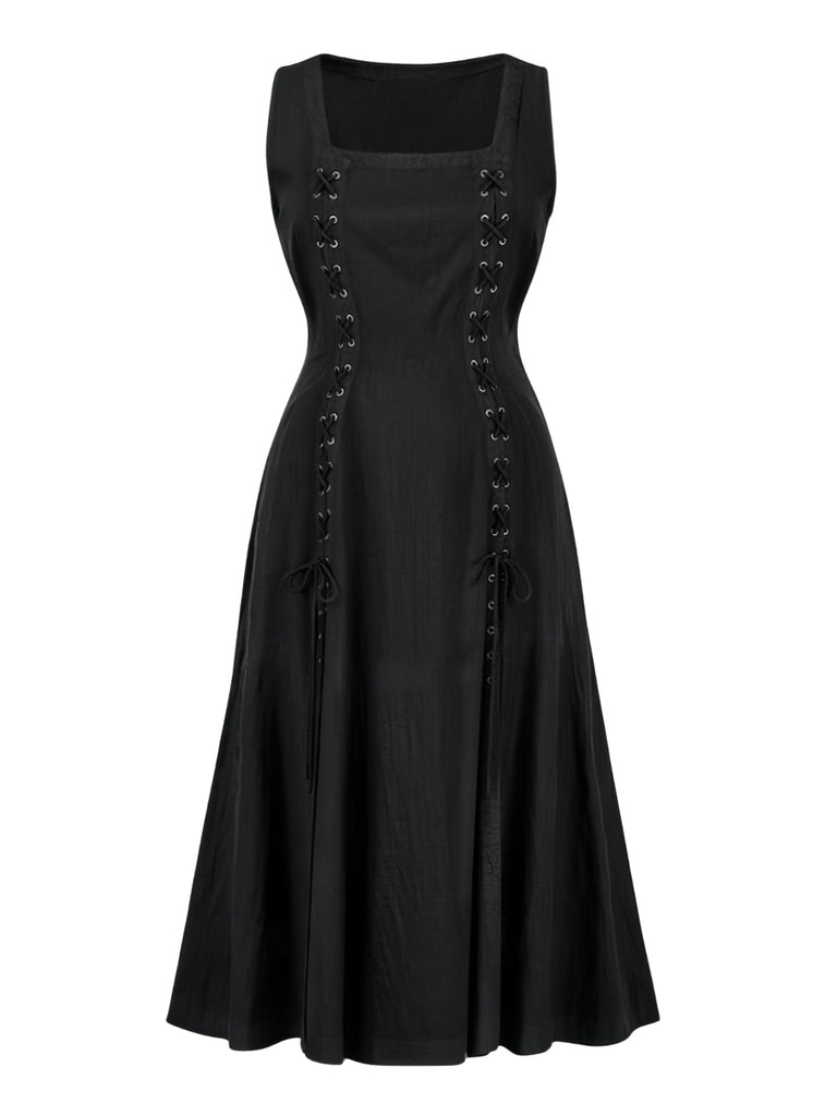 Black 1940s Medieval Renaissance Sleeveless Slit Dress