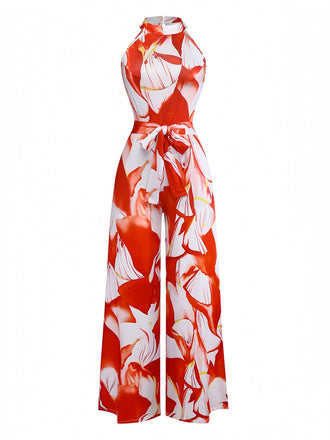 Red 1930s Abstract Prints Belted Sleeveless Jumpsuit