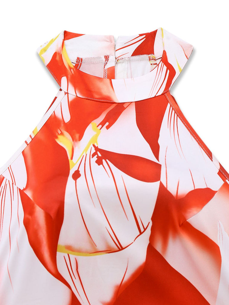 Red 1930s Abstract Prints Belted Sleeveless Jumpsuit