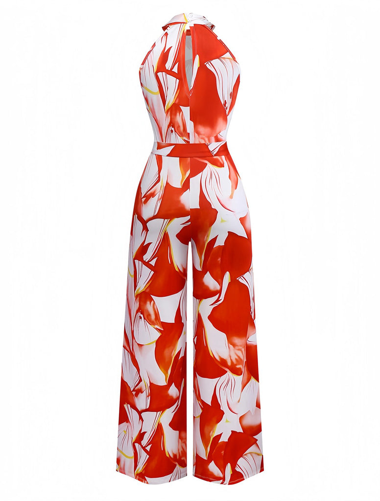 Red 1930s Abstract Prints Belted Sleeveless Jumpsuit