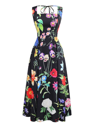 Black 1930s Square Neck Floral Maxi Dress