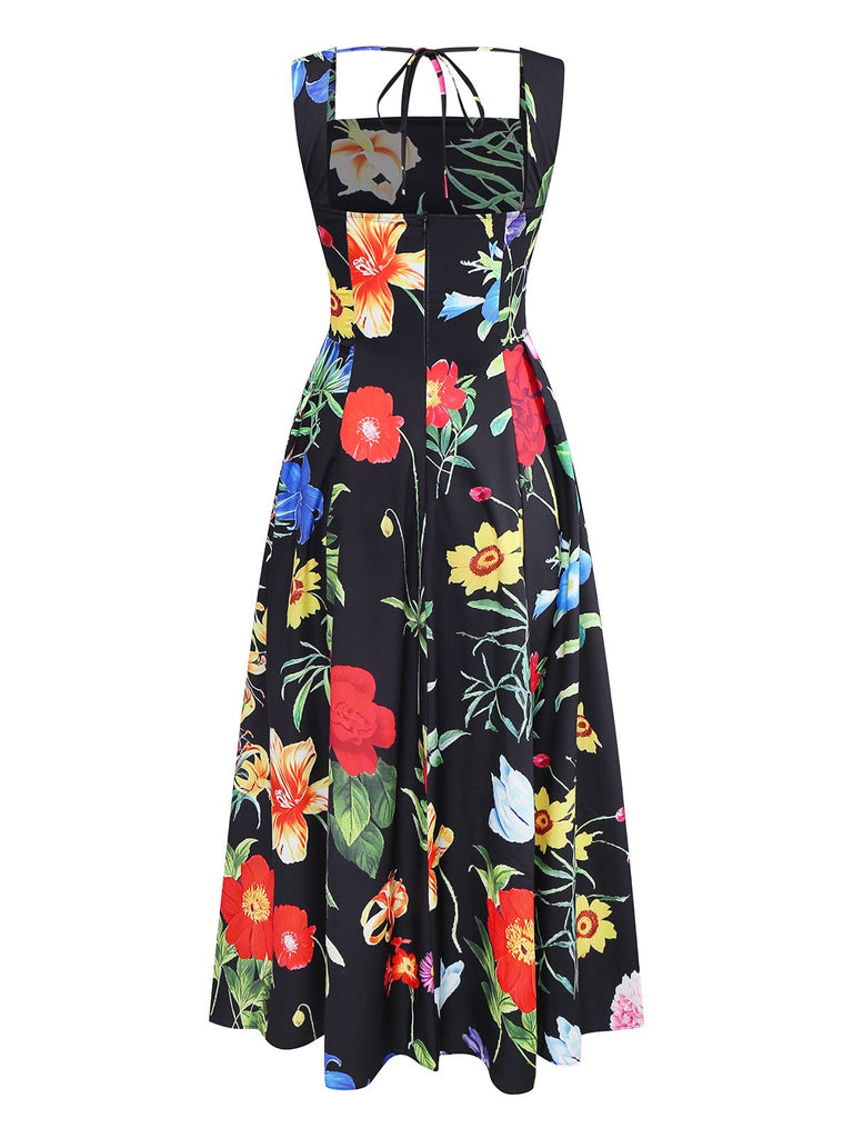 Black 1930s Square Neck Floral Maxi Dress