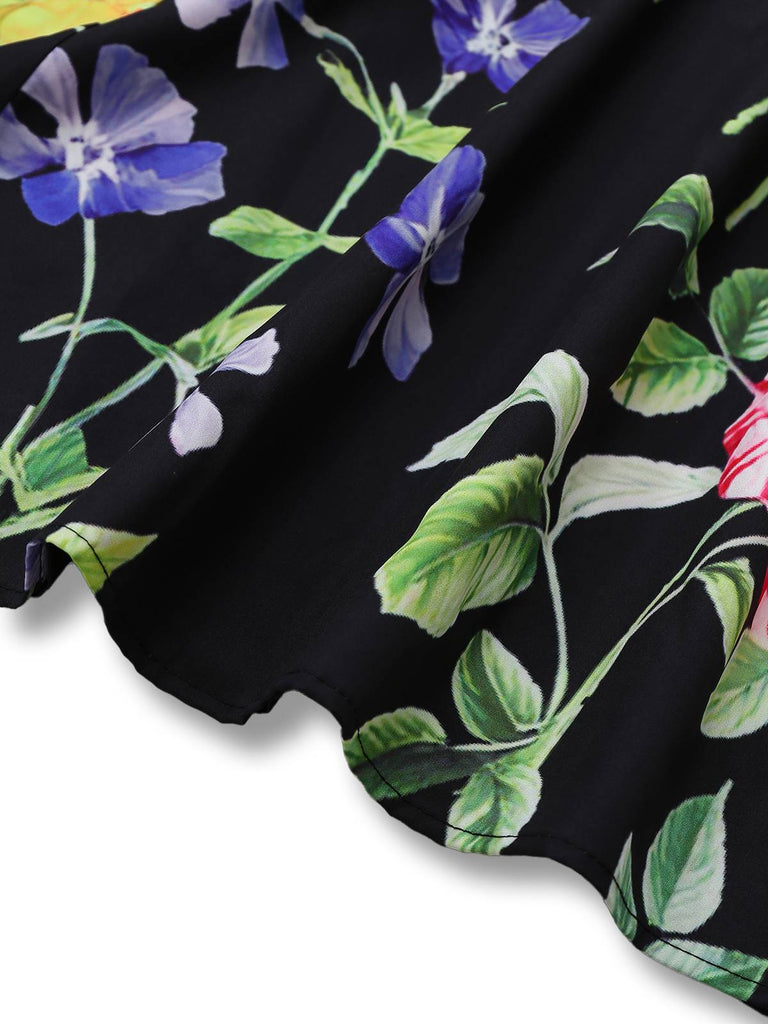 Black 1930s Square Neck Floral Maxi Dress