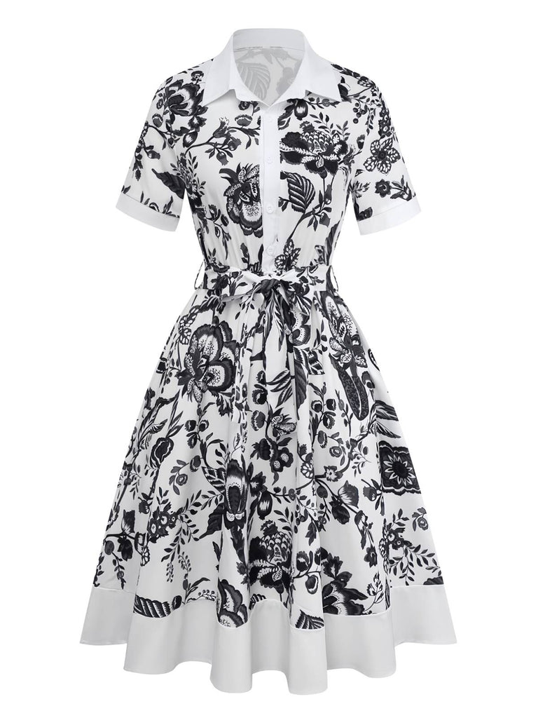 Black 1940s Plants Floral Shirt Collar Belted Dress