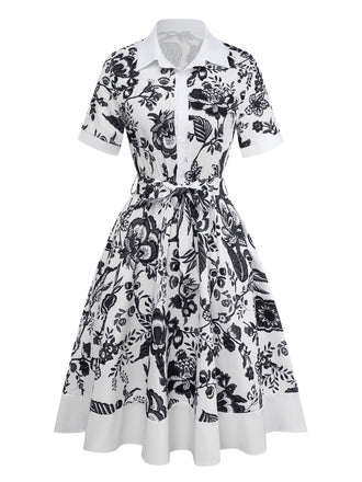 Black 1940s Plants Floral Shirt Collar Belted Dress