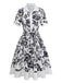 Black 1940s Plants Floral Shirt Collar Belted Dress