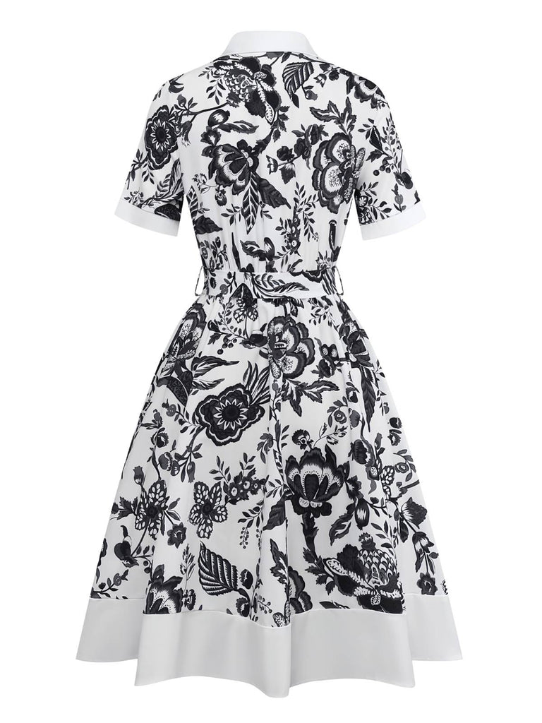 Black 1940s Plants Floral Shirt Collar Belted Dress