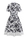 Black 1940s Plants Floral Shirt Collar Belted Dress