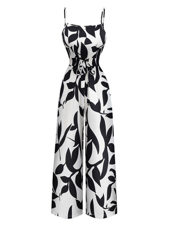 Black 1930s Leaf Silhouette Spaghetti Strap Jumpsuit