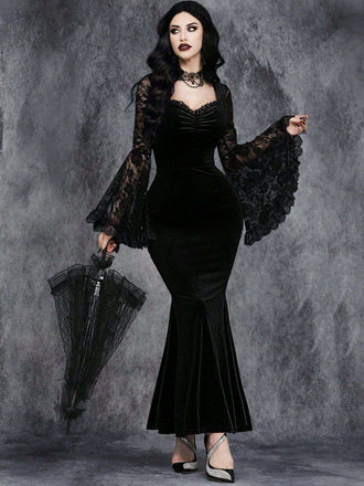 Black 1930s Lace Sleeve Velvet Fishtail Dress