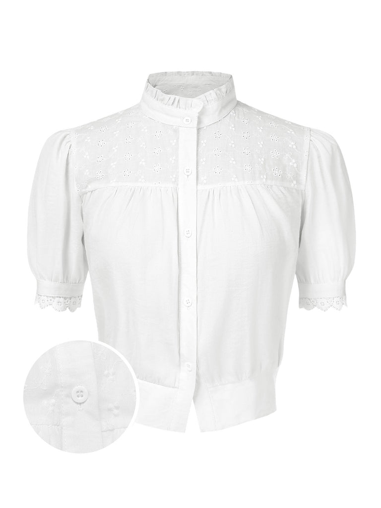 [Pre-Sale] White 1940s Embroidered Lace Stand Collar Blouse