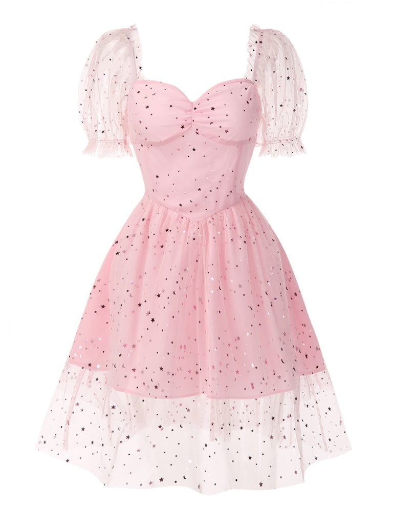 [Pre-Sale] Pink 1950s Star Sequins Mesh Patchwork Dress