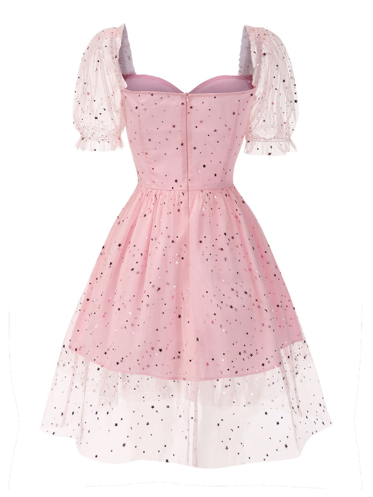[Pre-Sale] Pink 1950s Star Sequins Mesh Patchwork Dress