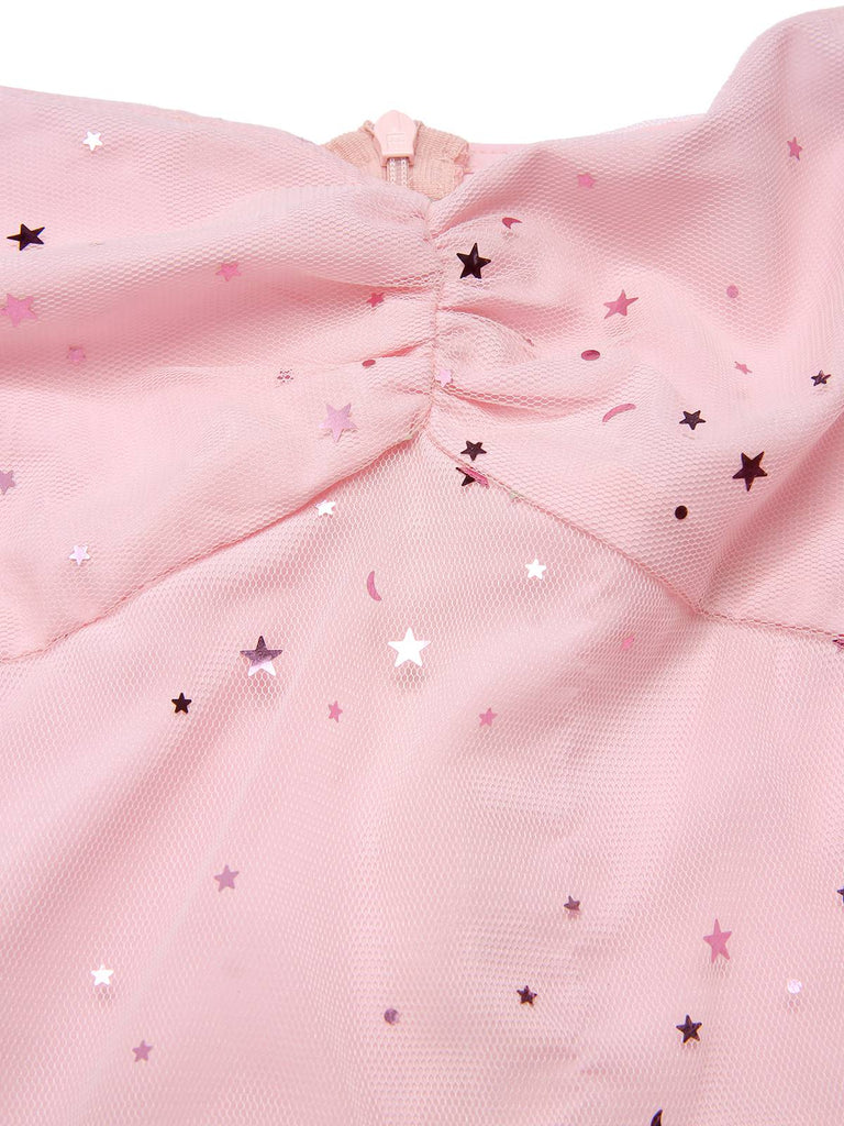 [Pre-Sale] Pink 1950s Star Sequins Mesh Patchwork Dress