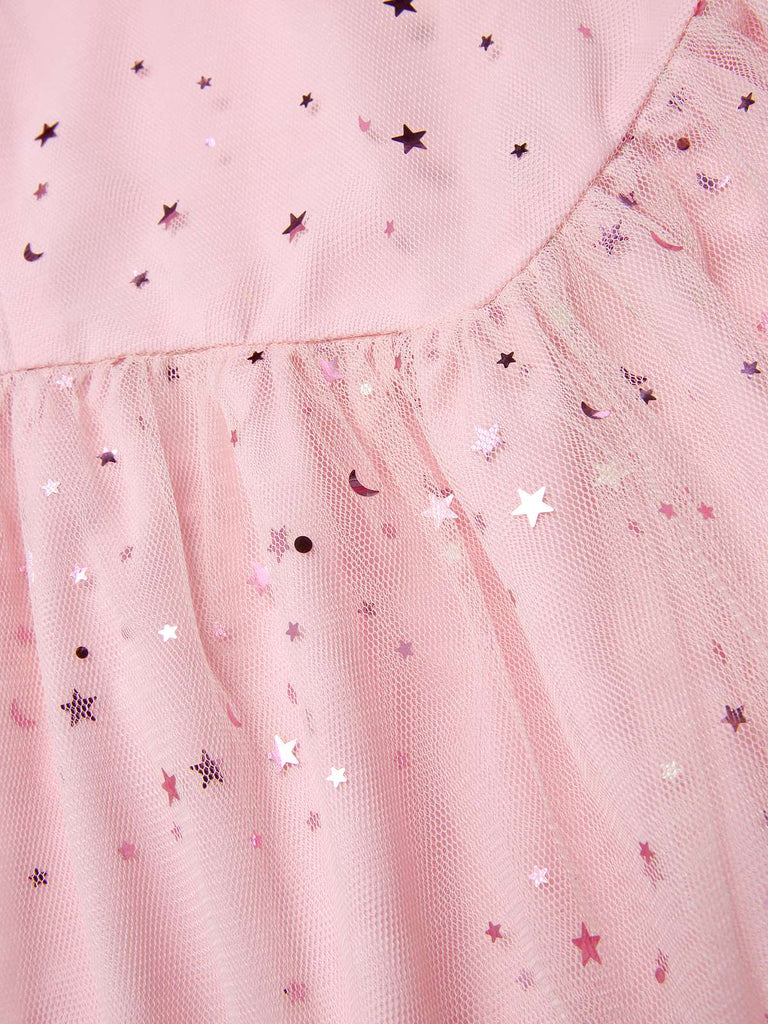 [Pre-Sale] Pink 1950s Star Sequins Mesh Patchwork Dress