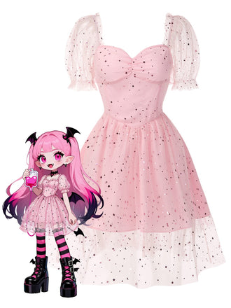 [Pre-Sale] Pink 1950s Star Sequins Mesh Patchwork Dress