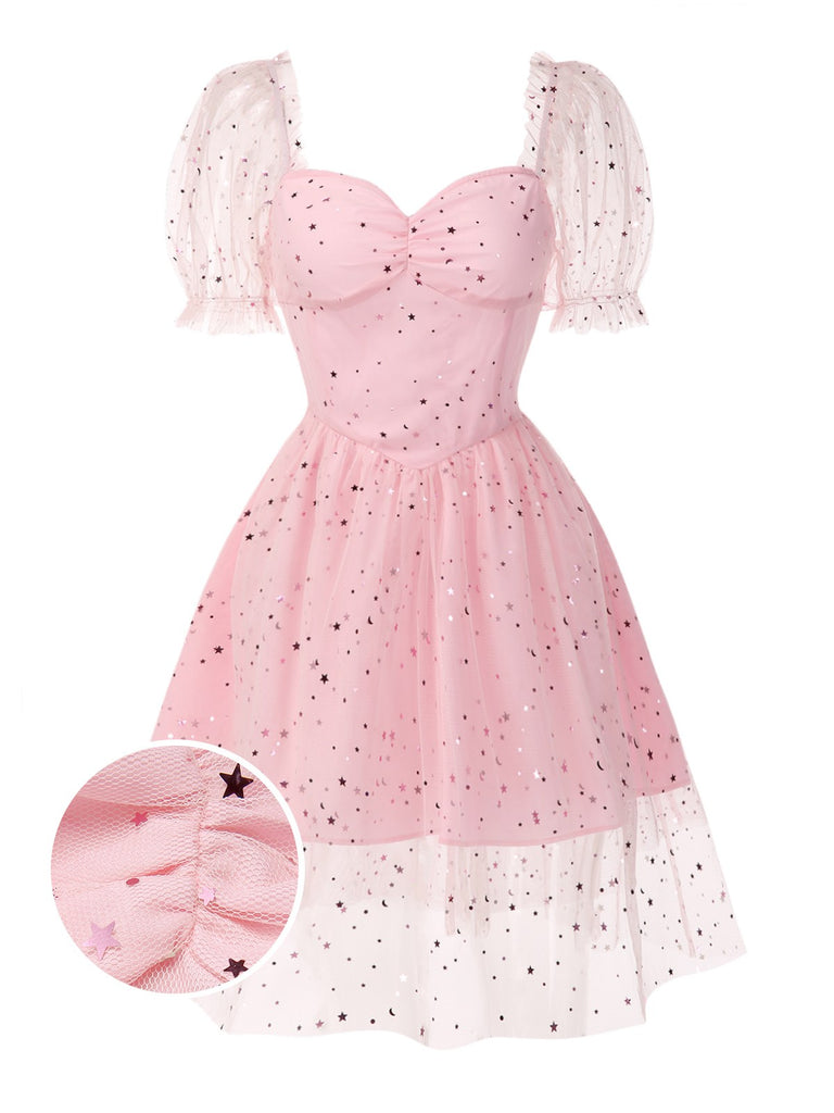 [Pre-Sale] Pink 1950s Star Sequins Mesh Patchwork Dress