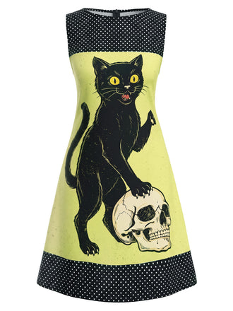 Yellow 1960s Cat Skull Sleeveless A-Line Dress