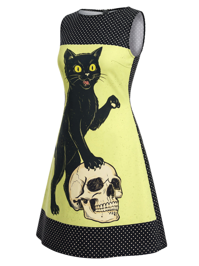 Yellow 1960s Cat Skull Sleeveless A-Line Dress