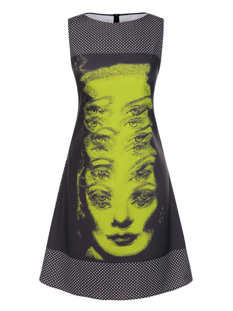 [Pre-Sale] Black 1960s Face Print Polka Dot Dress
